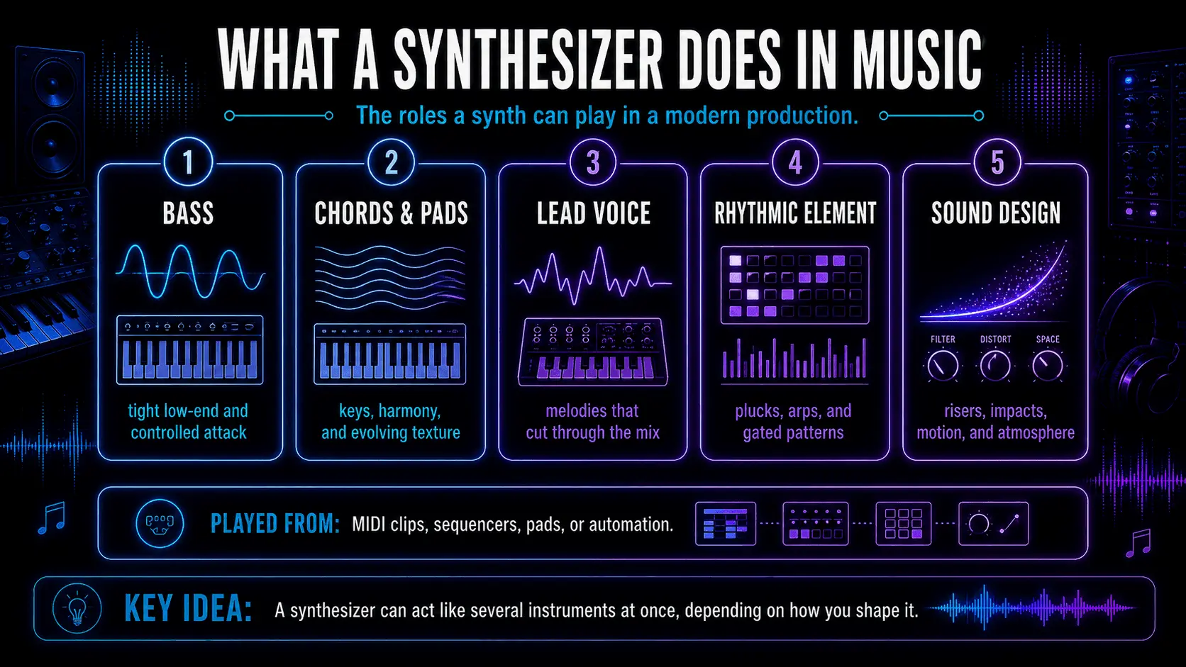 Infographic showing a synthesizer used for bass, chords and pads, lead melodies, rhythmic patterns, and sound design.
