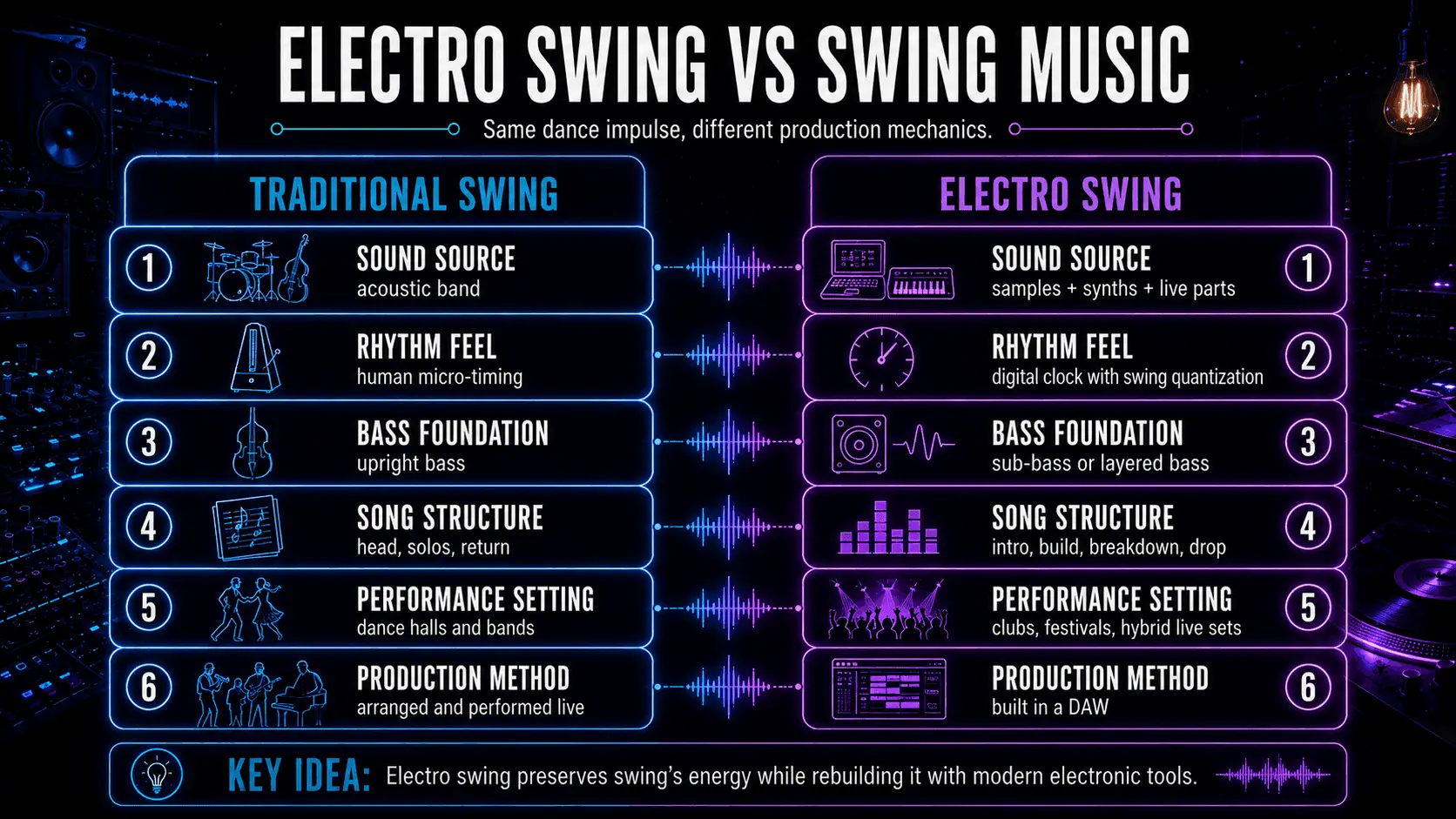 Comparison of traditional swing and electro swing by sound source, rhythm, bass, song structure, performance setting, and production method.