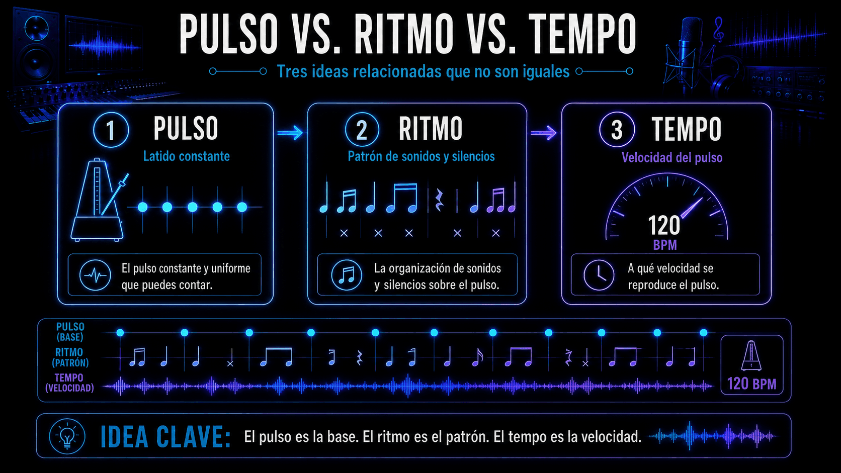 Infografía explicando la diferencia entre beat, ritmo y tempo usando un metrónomo, patrones de notas, marcadores de beat y un medidor de tempo de 120 BPM.