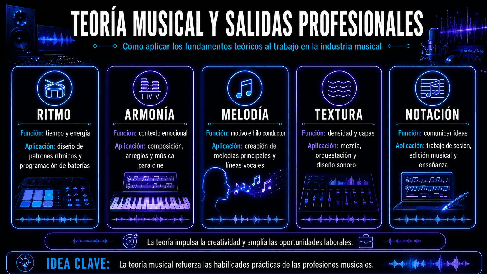 Infografía de carrera musical conectando ritmo, armonía, melodía, textura y notación con aplicaciones profesionales de la industria musical.