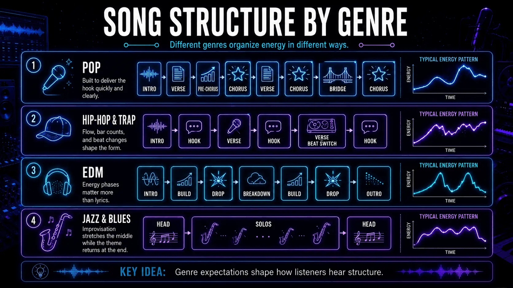 Genre comparison showing typical song structures and energy patterns for pop, hip-hop and trap, EDM, jazz, and blues.
