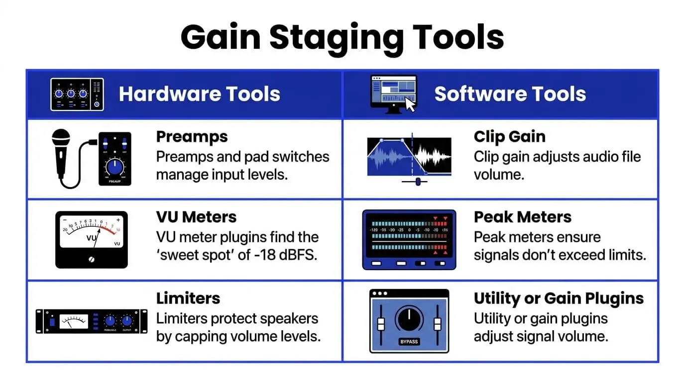 Infographic listing key gain staging tools, including preamps, VU meters, limiters, clip gain, peak meters, and utility or gain plugins used to manage audio levels in recording and mixing.