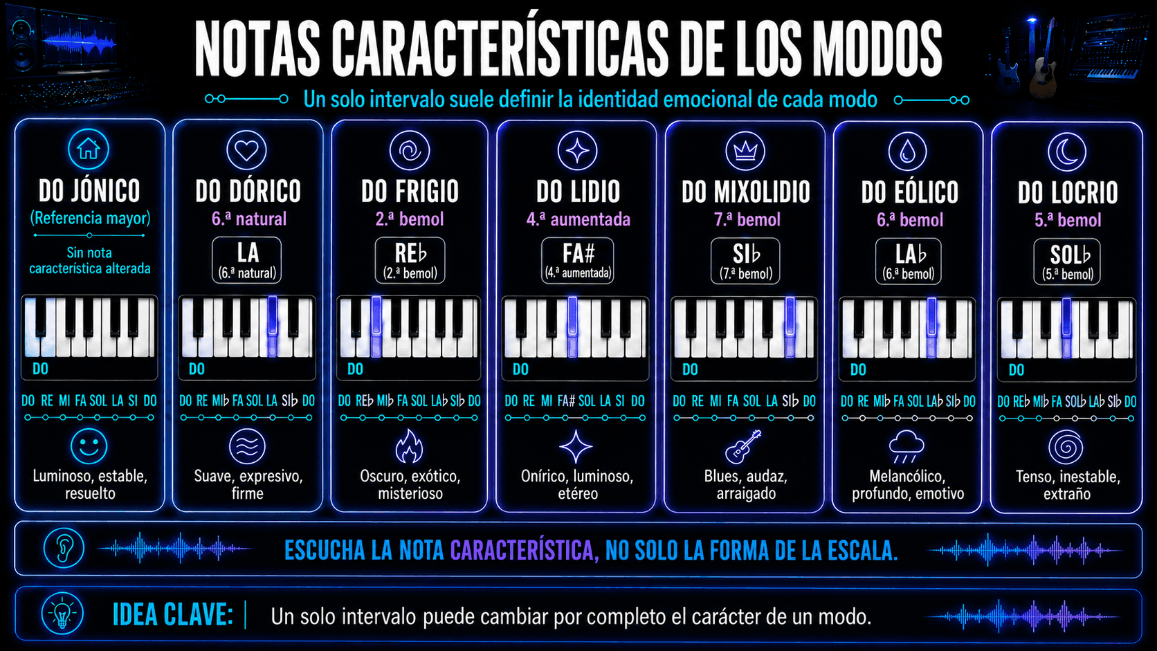 Parallel C modes showing the characteristic notes that distinguish Dorian, Phrygian, Lydian, Mixolydian, Aeolian, and Locrian.