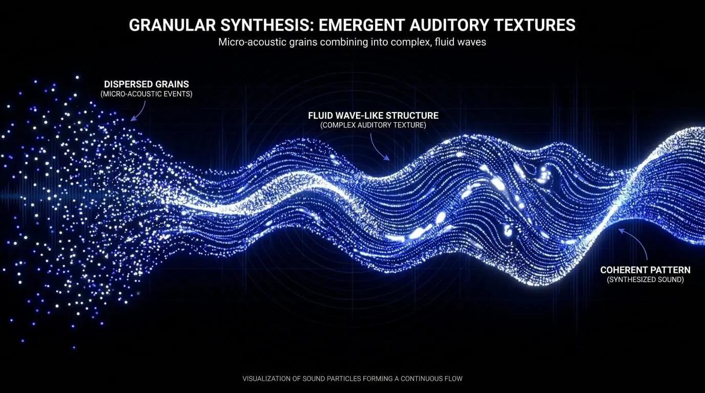 Visualization of dispersed audio grains combining into a coherent wave-like texture through granular synthesis.