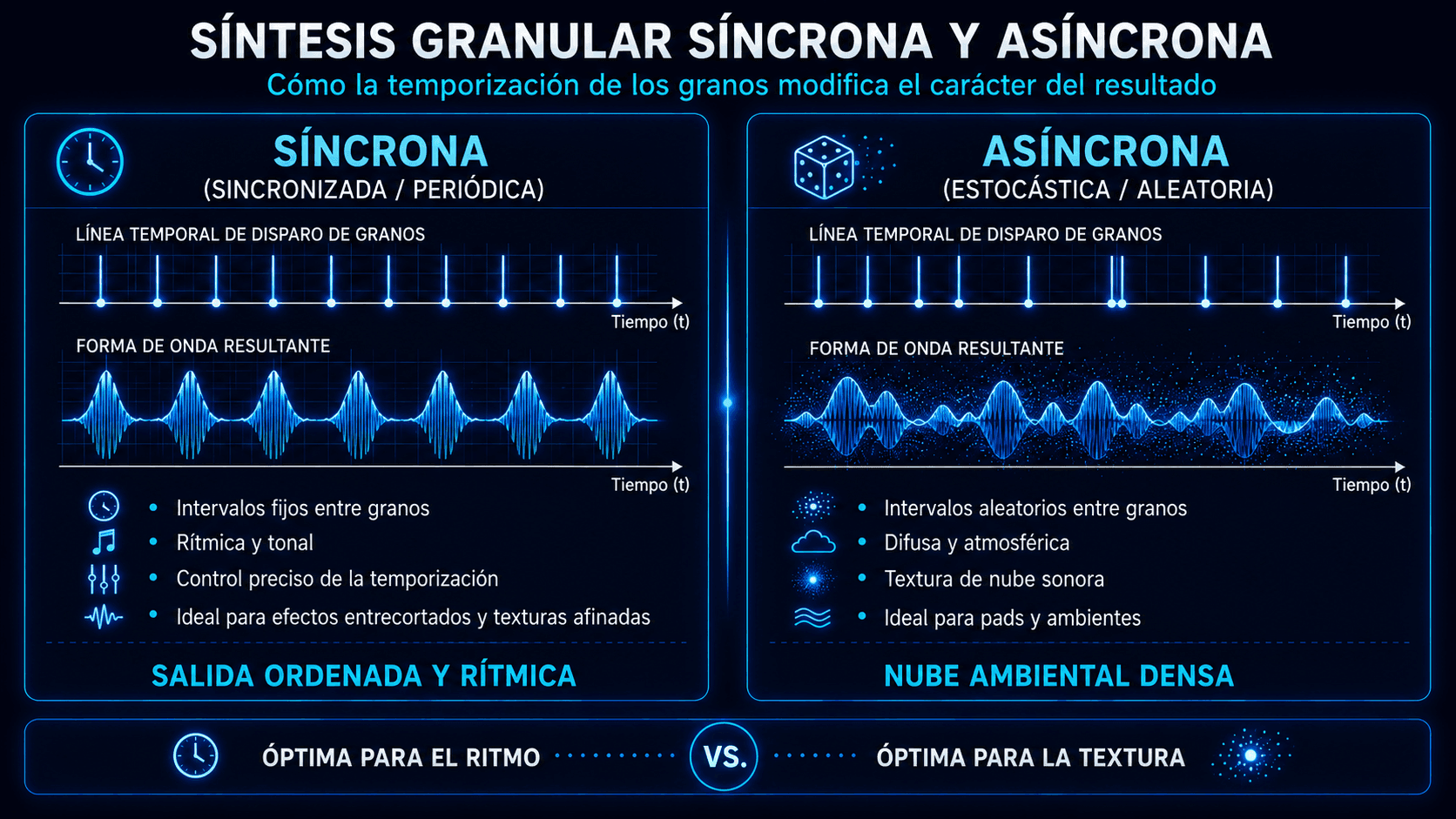 Comparación de síntesis granular síncrona y asíncrona mostrando intervalos de grano rítmicos fijos versus nubes de grano ambientales aleatorias.