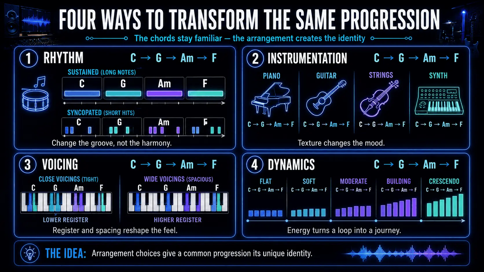 Infographic showing four ways to transform the 1–5–6–4 progression using rhythm, instrumentation, chord voicing, and dynamics.