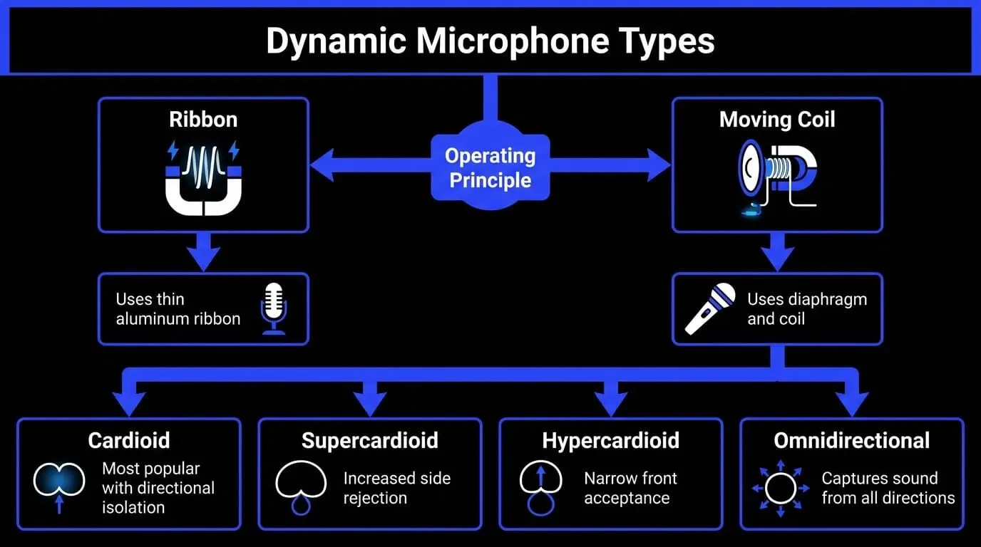 Infographic showing dynamic microphone types, including ribbon and moving coil designs, with cardioid, supercardioid, hypercardioid, and omnidirectional polar patterns