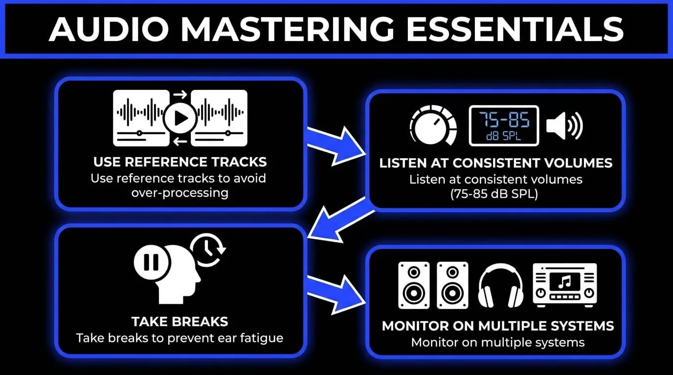 Infographic showing audio mastering essentials for beginners, including using reference tracks, listening at consistent volume, taking breaks, and checking the master on multiple playback systems.