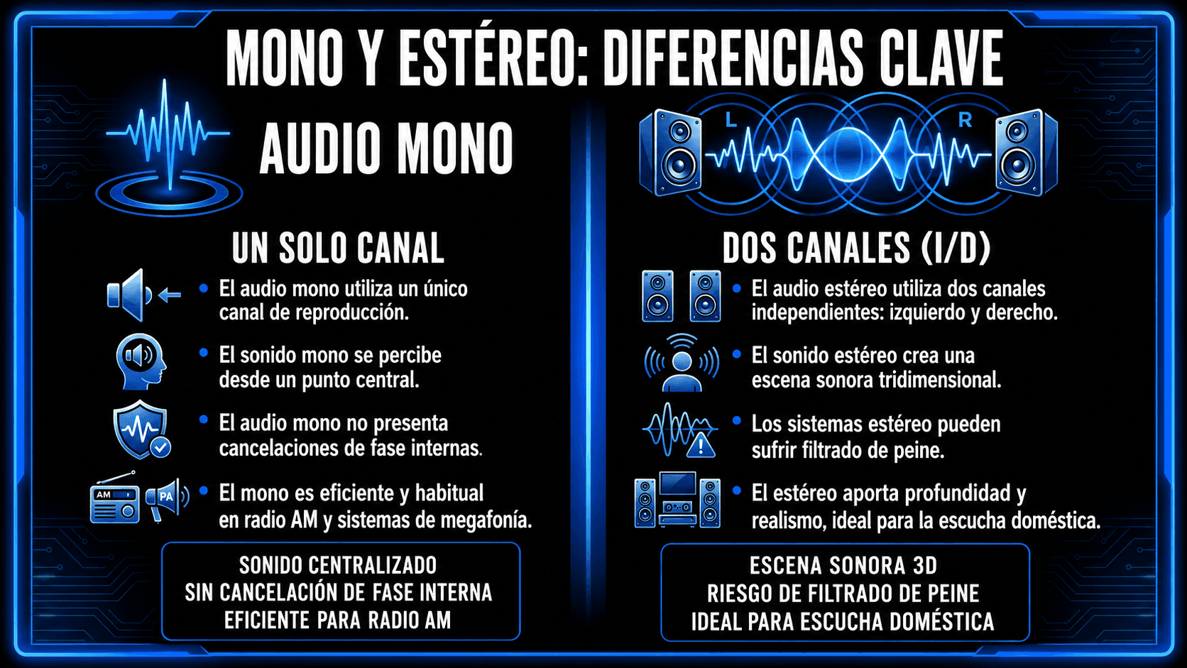 Comparación entre audio mono y estéreo según canales, escena sonora, cancelación de fase y usos habituales.