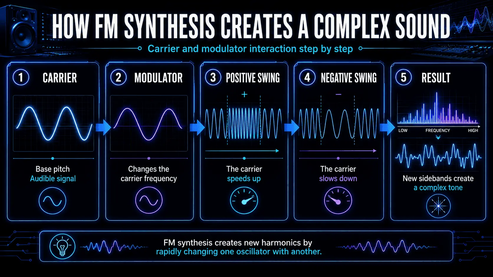 Step-by-step diagram of a carrier and modulator producing positive and negative frequency swings and a complex tone.