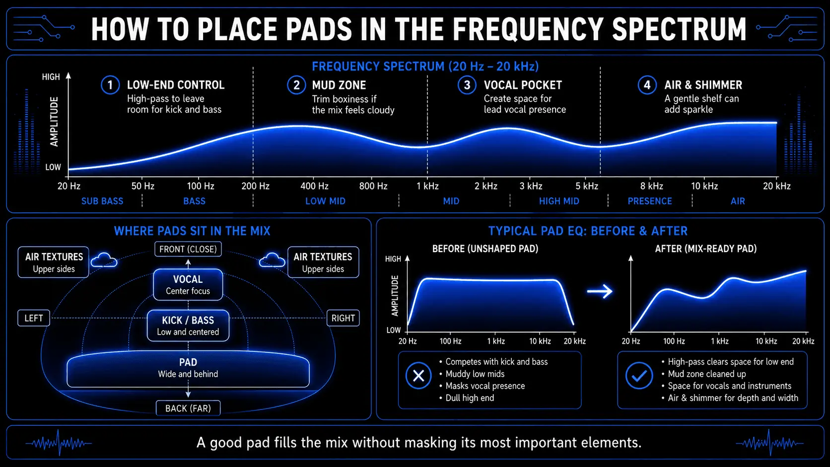 Infographic showing synth pad frequency placement, low-end control, mud reduction, vocal space, air, shimmer, and before-and-after EQ.