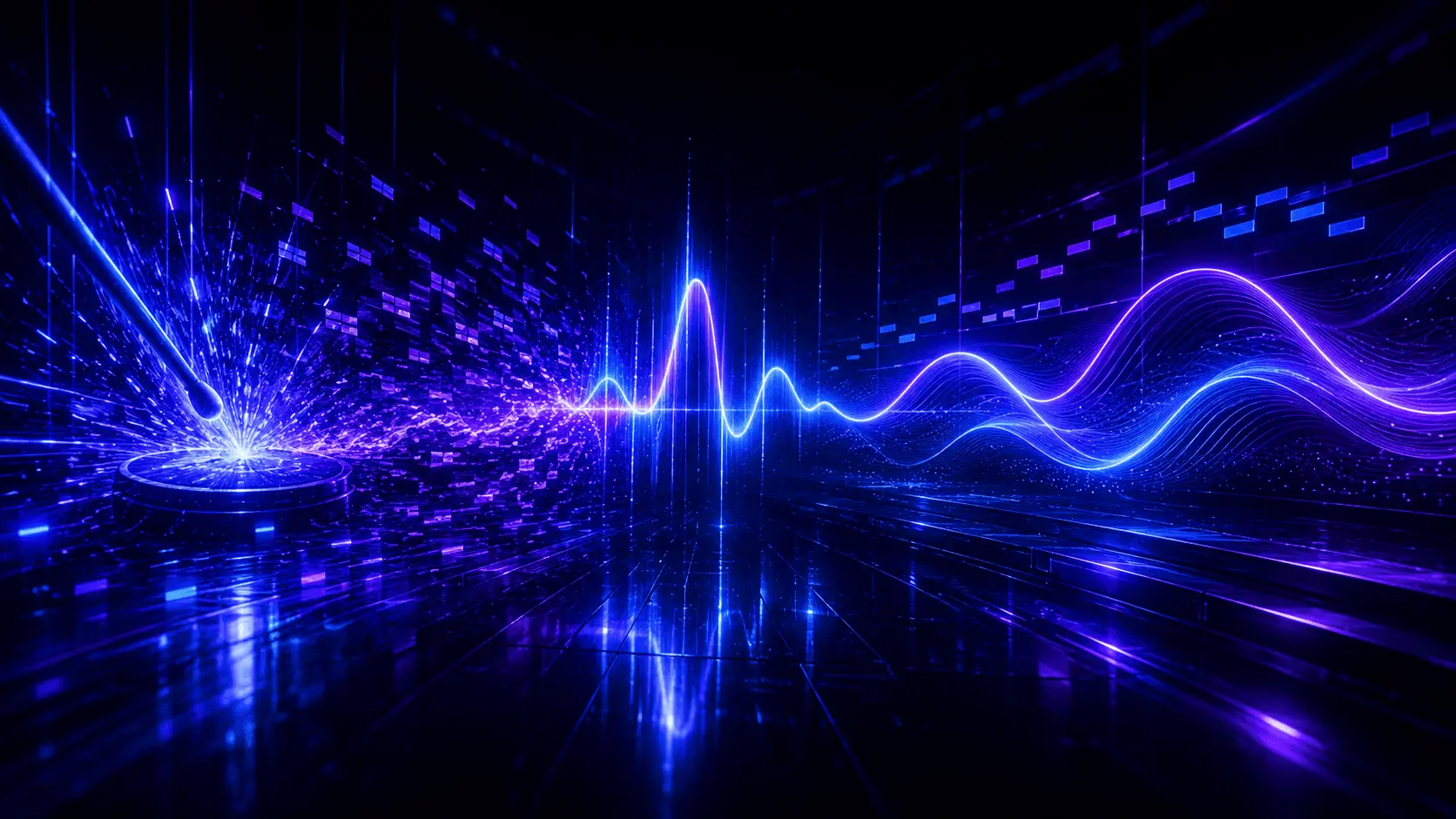 Futuristic blue and purple sound waves, MIDI notes, and glowing low-frequency energy moving through a digital music environment.