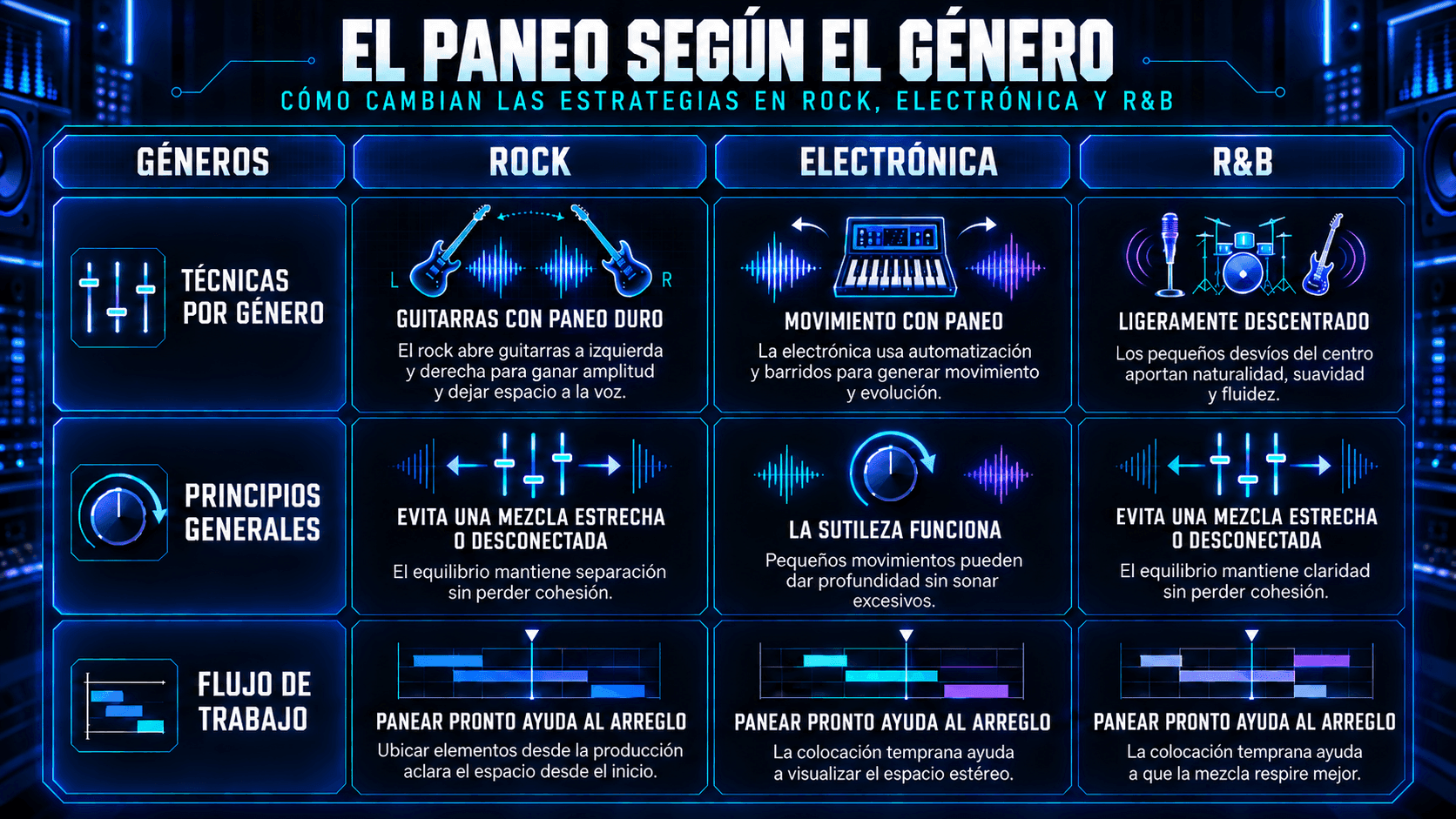 Infografía comparando técnicas de paneo a través de rock, electrónica y R&B, incluyendo métodos específicos por género, principios generales y consejos de flujo de trabajo.
