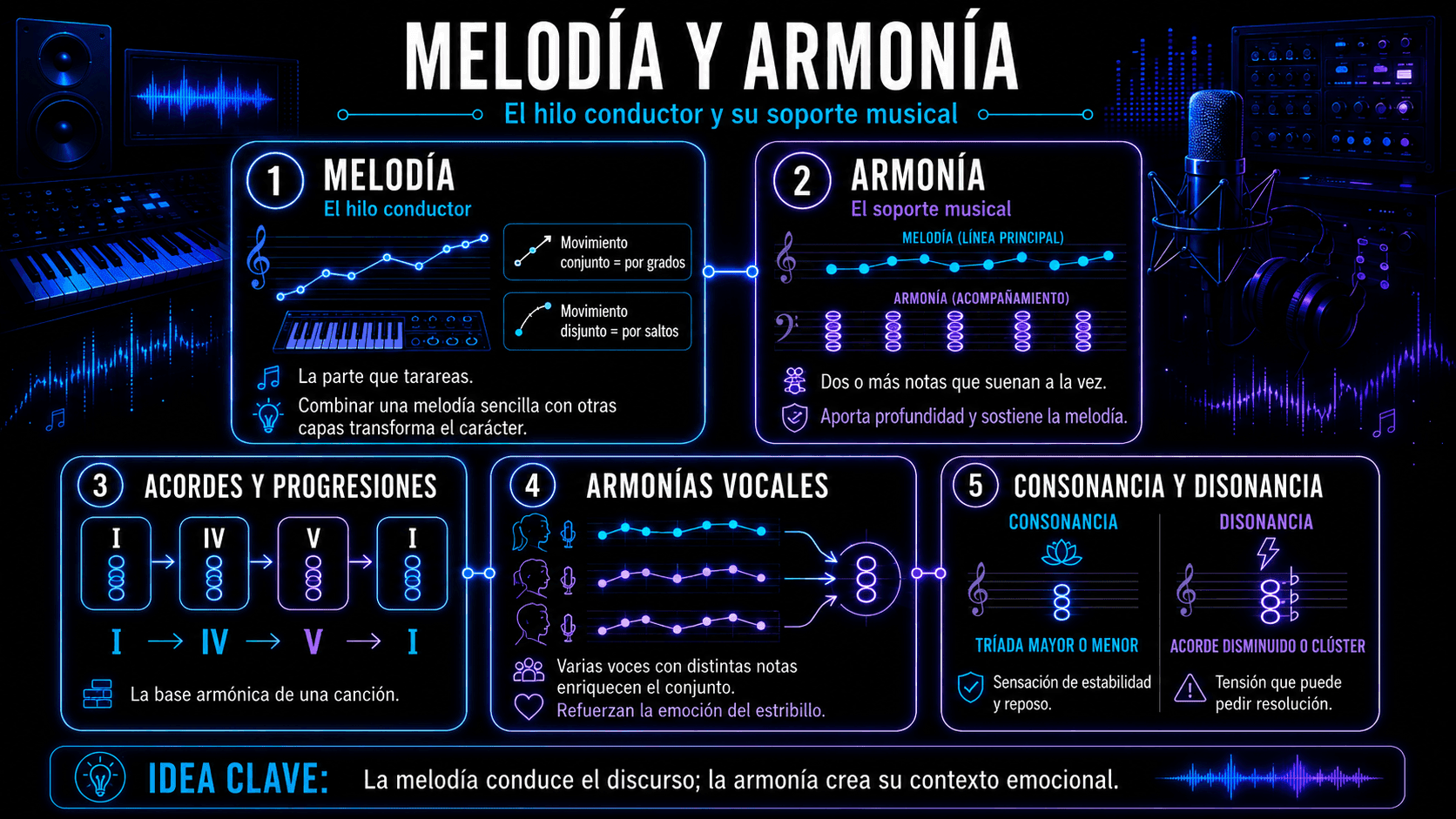 Infografía comparando melodía y armonía con movimiento melódico, progresiones de acordes, armonías vocales, y sonidos consonantes versus disonantes.