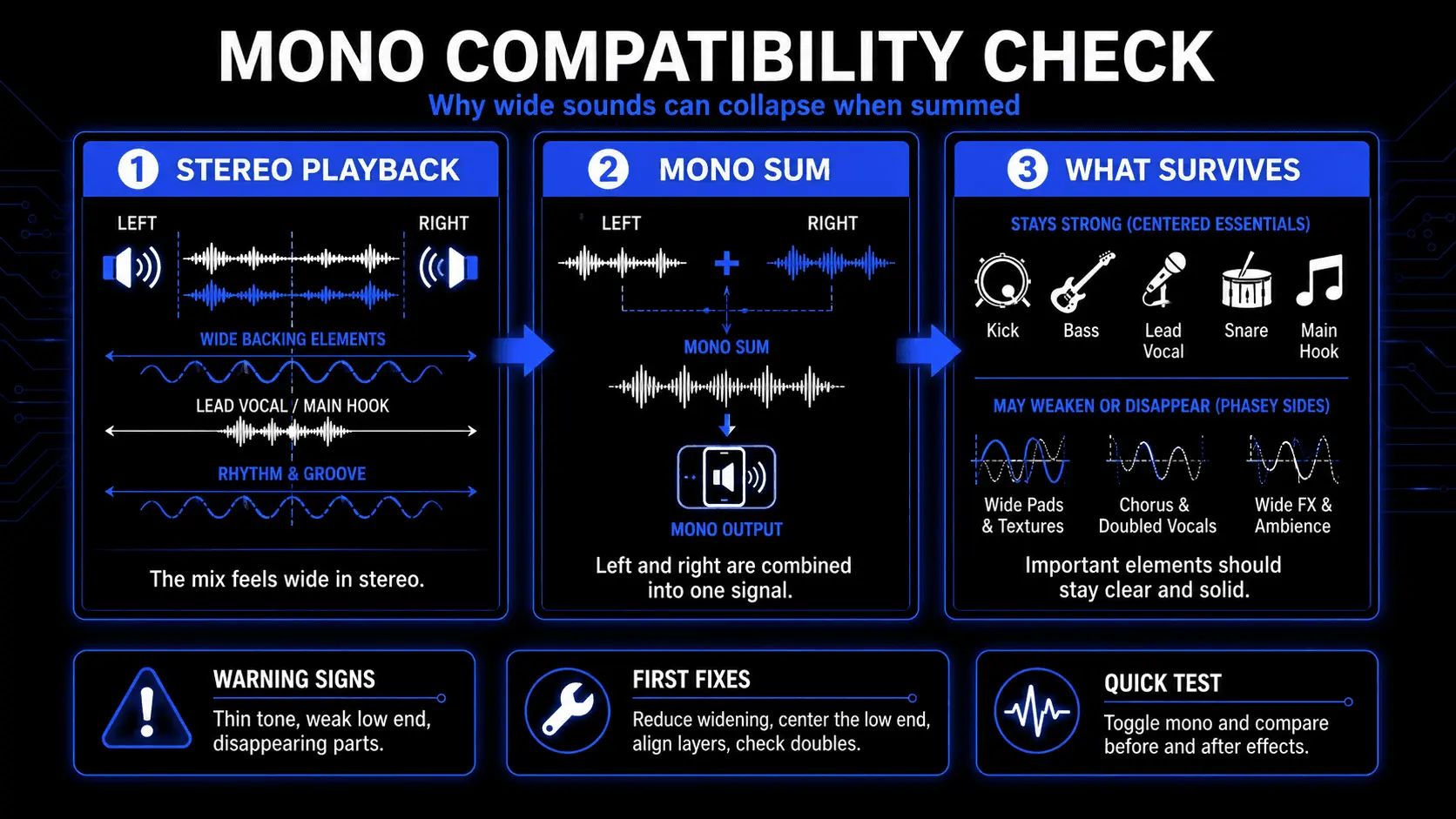 Infographic explaining mono compatibility, showing stereo playback summed to mono, which elements survive, which wide sounds may weaken, and first fixes for phase issues.