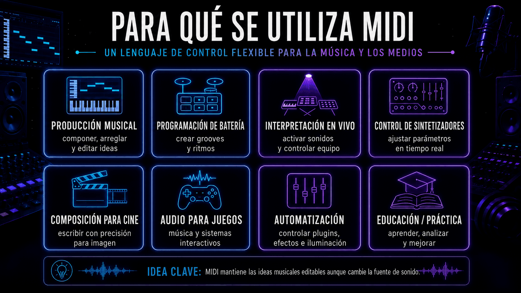Ocho usos del MIDI, desde producción musical y programación de batería hasta cine, videojuegos y educación.