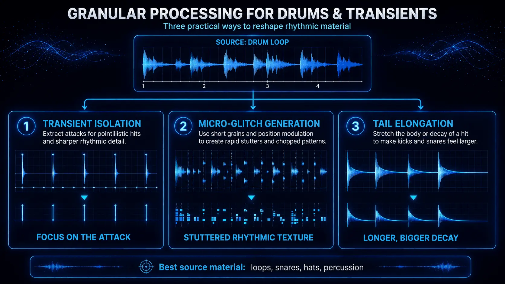 Infographic showing transient isolation, micro-glitch generation, and tail elongation techniques for granular drum processing.