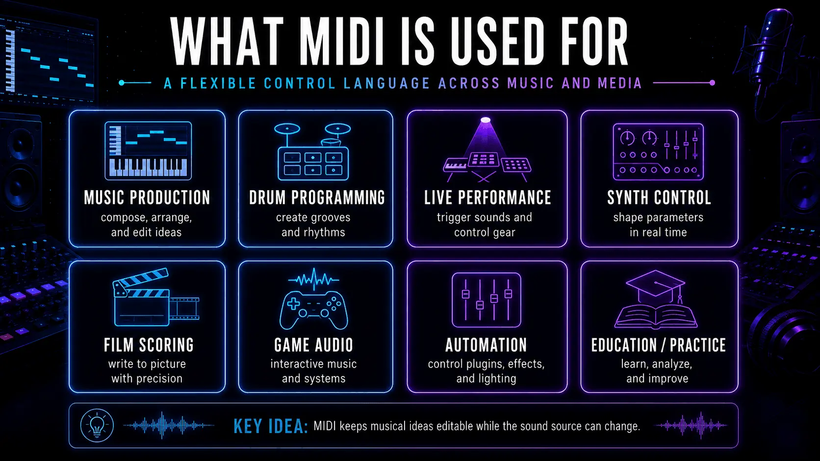 Infographic showing MIDI applications in music production, drum programming, live performance, synth control, film scoring, game audio, automation, and education.