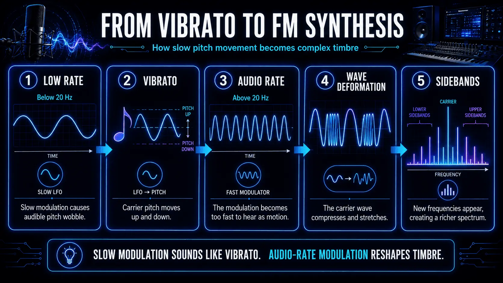 Five-step infographic showing the progression from low-rate modulation and vibrato to wave deformation and sidebands.