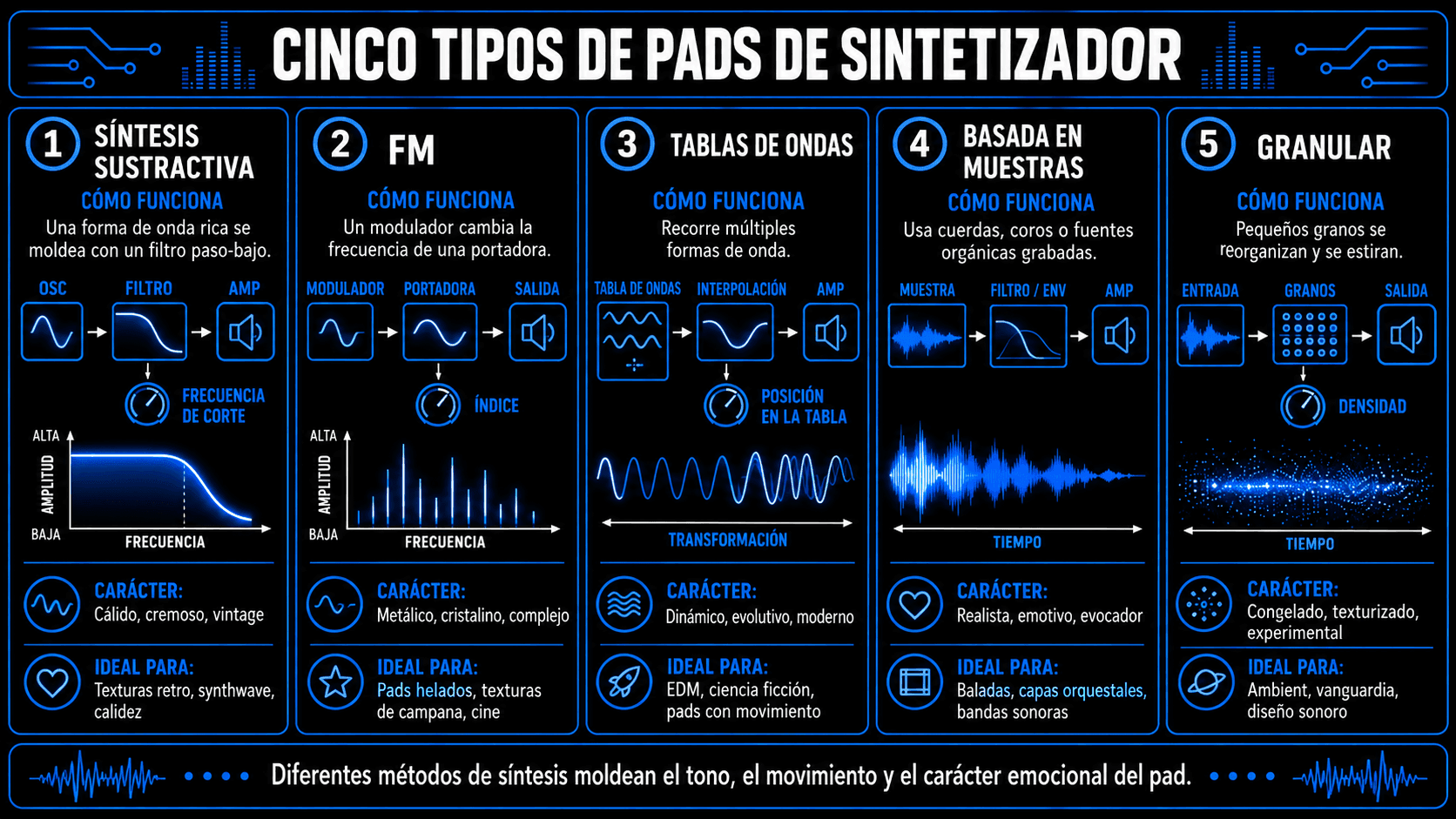 Infografía comparando pads synth sustractivos, FM, wavetable, basados en samples y granulares por proceso, carácter sonoro y mejores usos.