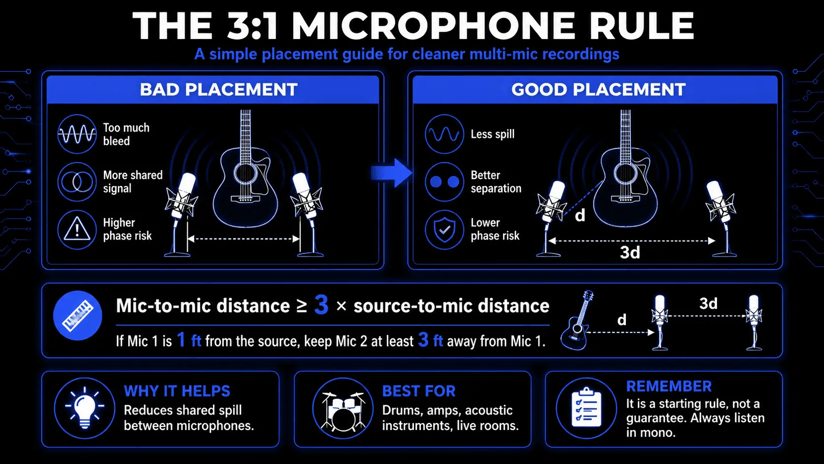 Infographic explaining the 3:1 microphone placement rule, showing bad and good mic spacing for cleaner multi-mic recordings with less spill and lower phase cancellation risk.