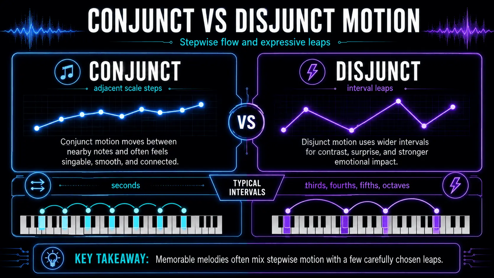 Infographic comparing smooth conjunct stepwise motion with disjunct melodic motion using wider intervals and piano keys.