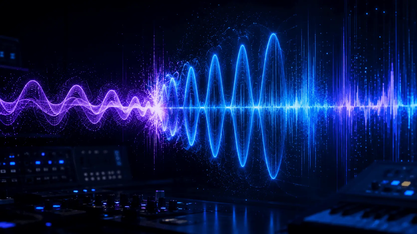 Blue and purple sound waves merging into a complex frequency spectrum inside a dark electronic music studio.