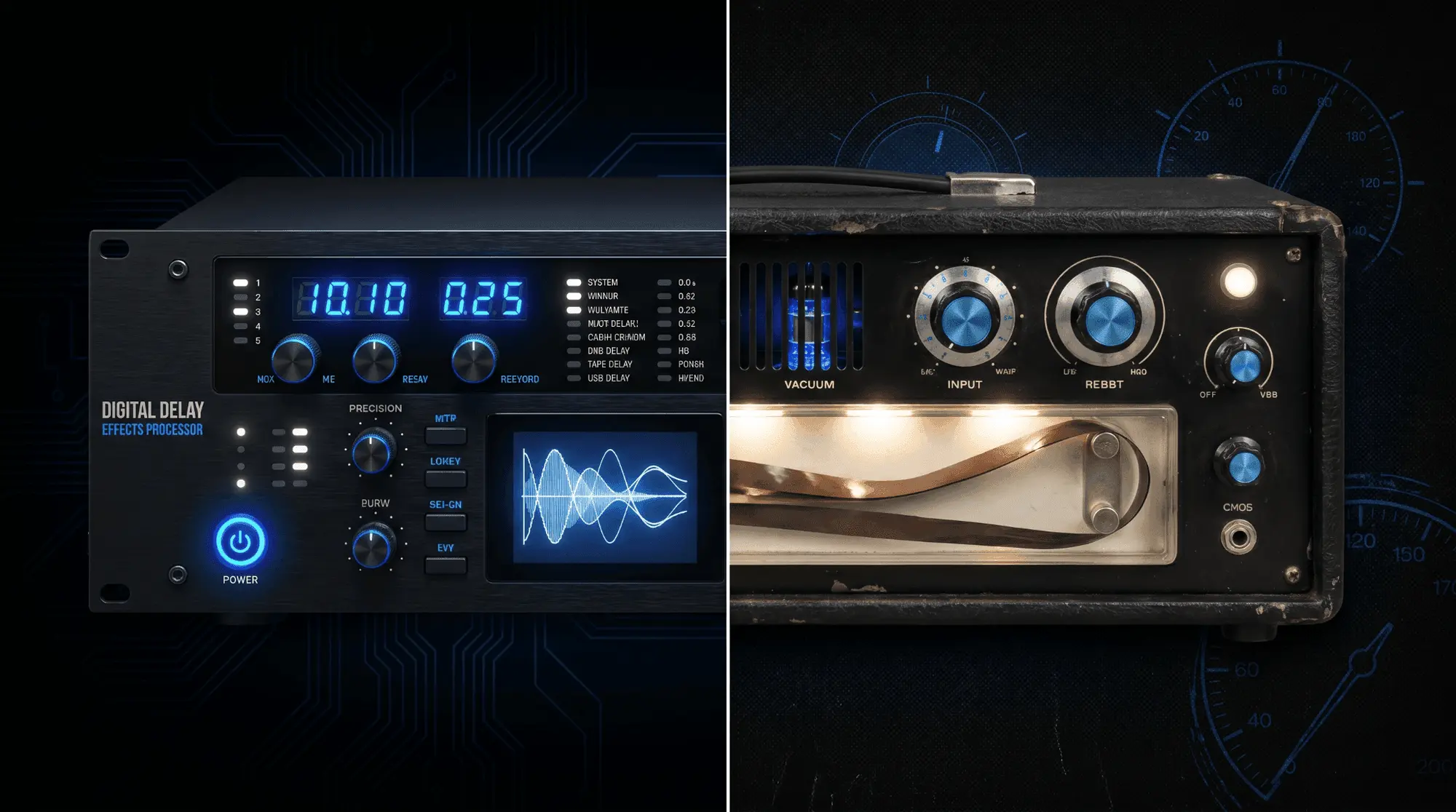Split image comparing a modern digital delay effects processor with a vintage tape delay unit, showing the contrast between precise digital repeats and warm analog-style echo processing.