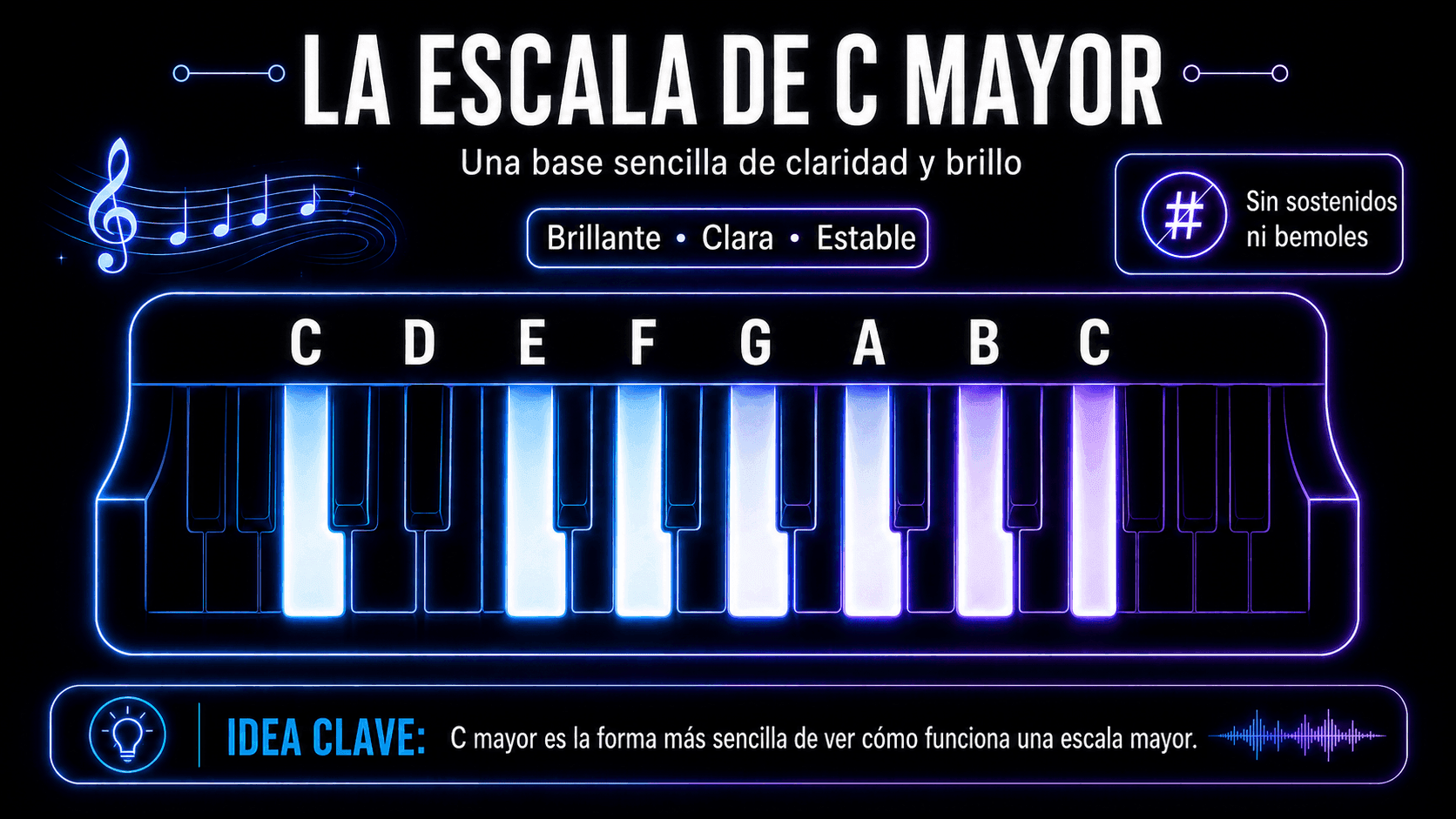 Escala de C mayor mostrada en teclas de piano iluminadas con las notas C, D, E, F, G, A, B, y C.