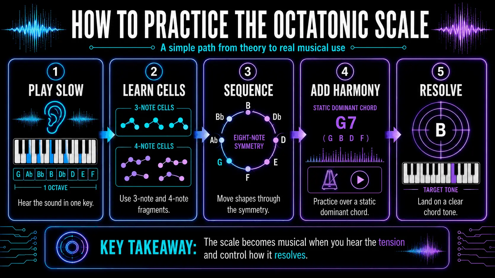 Five-step octatonic practice guide using the G half-whole scale, short melodic cells, symmetrical sequences, a G7 chord, and resolution to B.