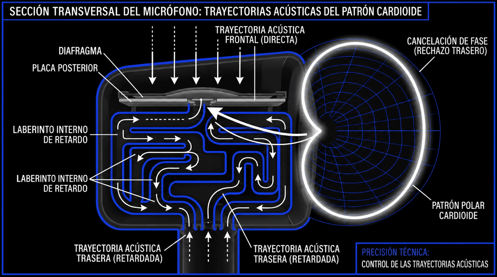 Diagrama técnico de una sección transversal de micrófono cardioide mostrando el camino acústico frontal, laberintos de retardo trasero, cancelación de fase y patrón polar de rechazo trasero.