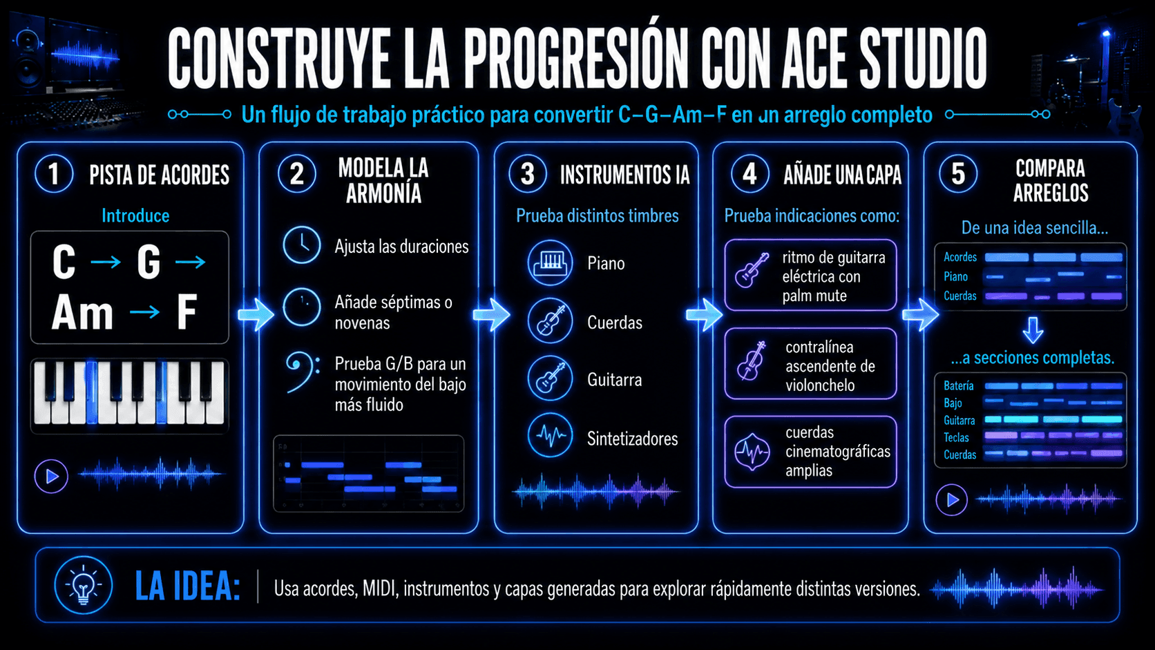 Infografía que muestra cómo construir una progresión 1–5–6–4 en ACE Studio usando la Pista de Acordes, Instrumentos IA, Agregar una Capa, y comparación de arreglos.