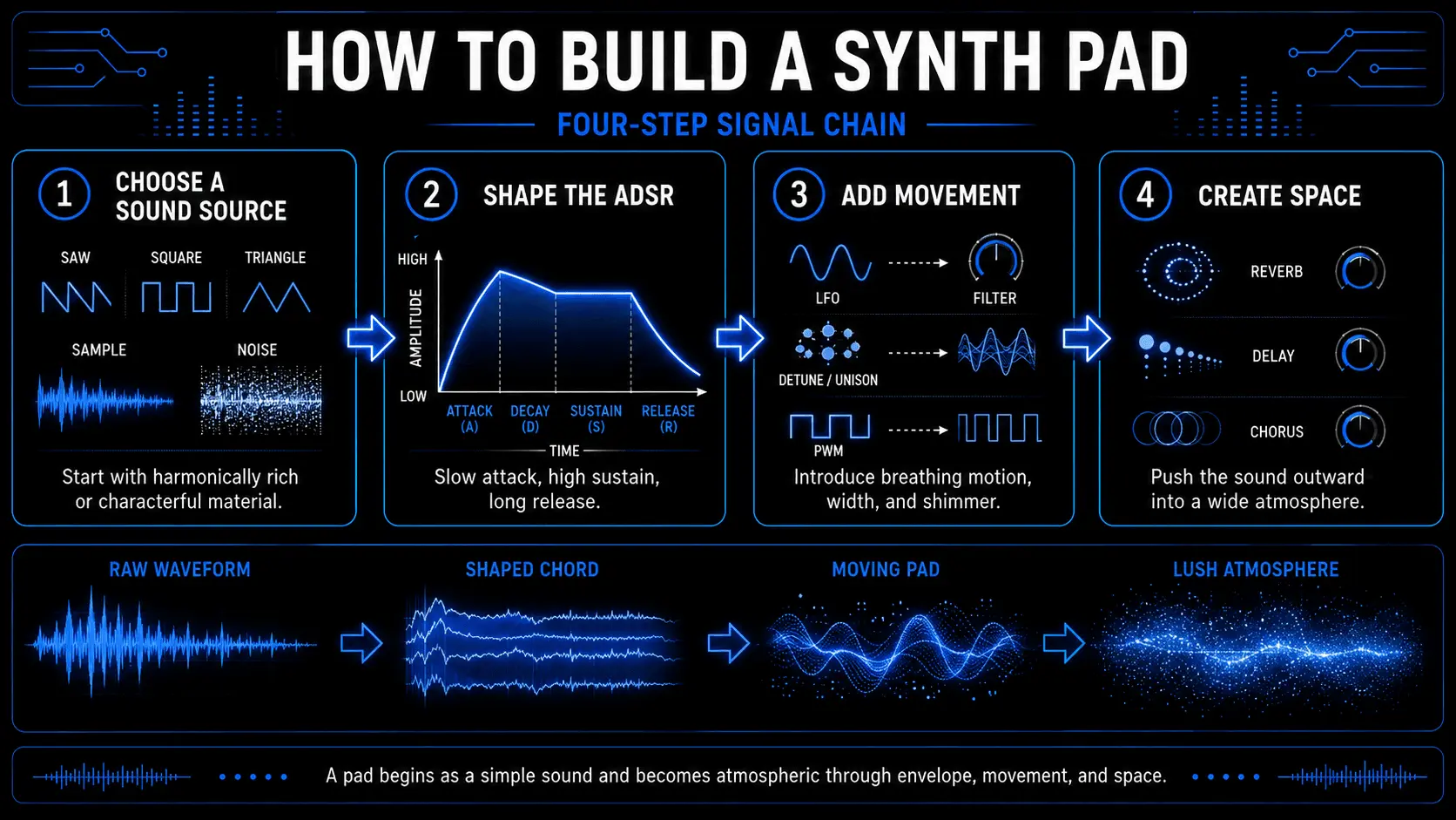 Infographic showing how to build a synth pad by choosing a sound source, shaping the ADSR envelope, adding modulation, and applying reverb, delay, and chorus.