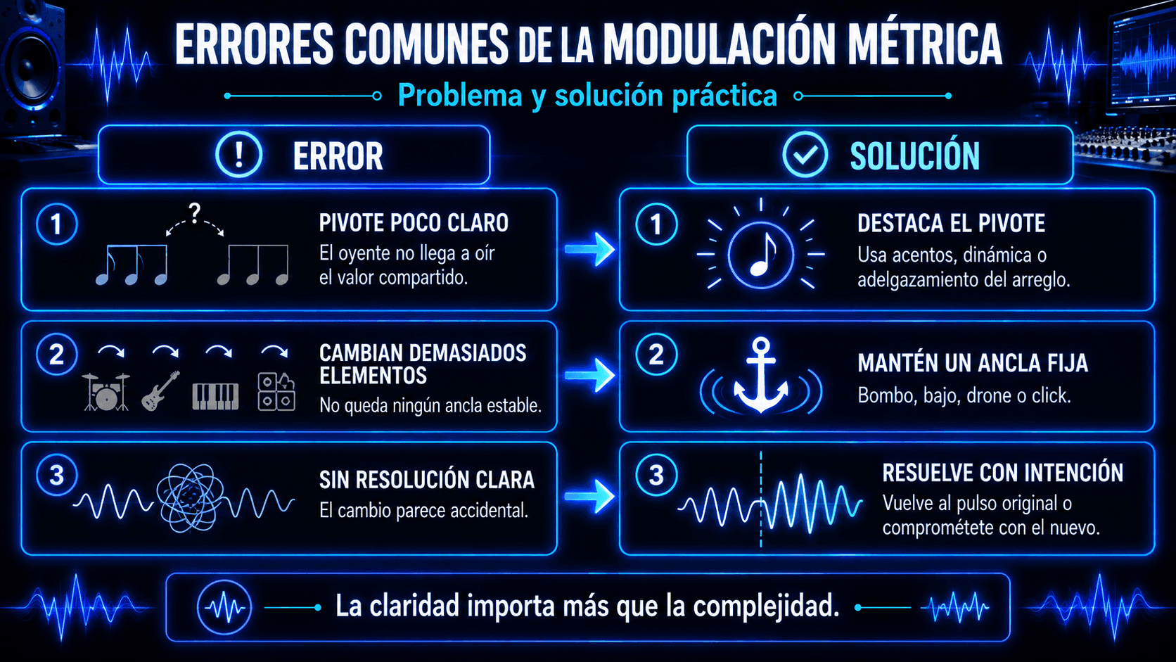 Infografía que muestra errores comunes de modulación métrica, incluyendo pivotes poco claros, demasiados elementos cambiantes y falta de resolución clara, con soluciones prácticas para cada uno.