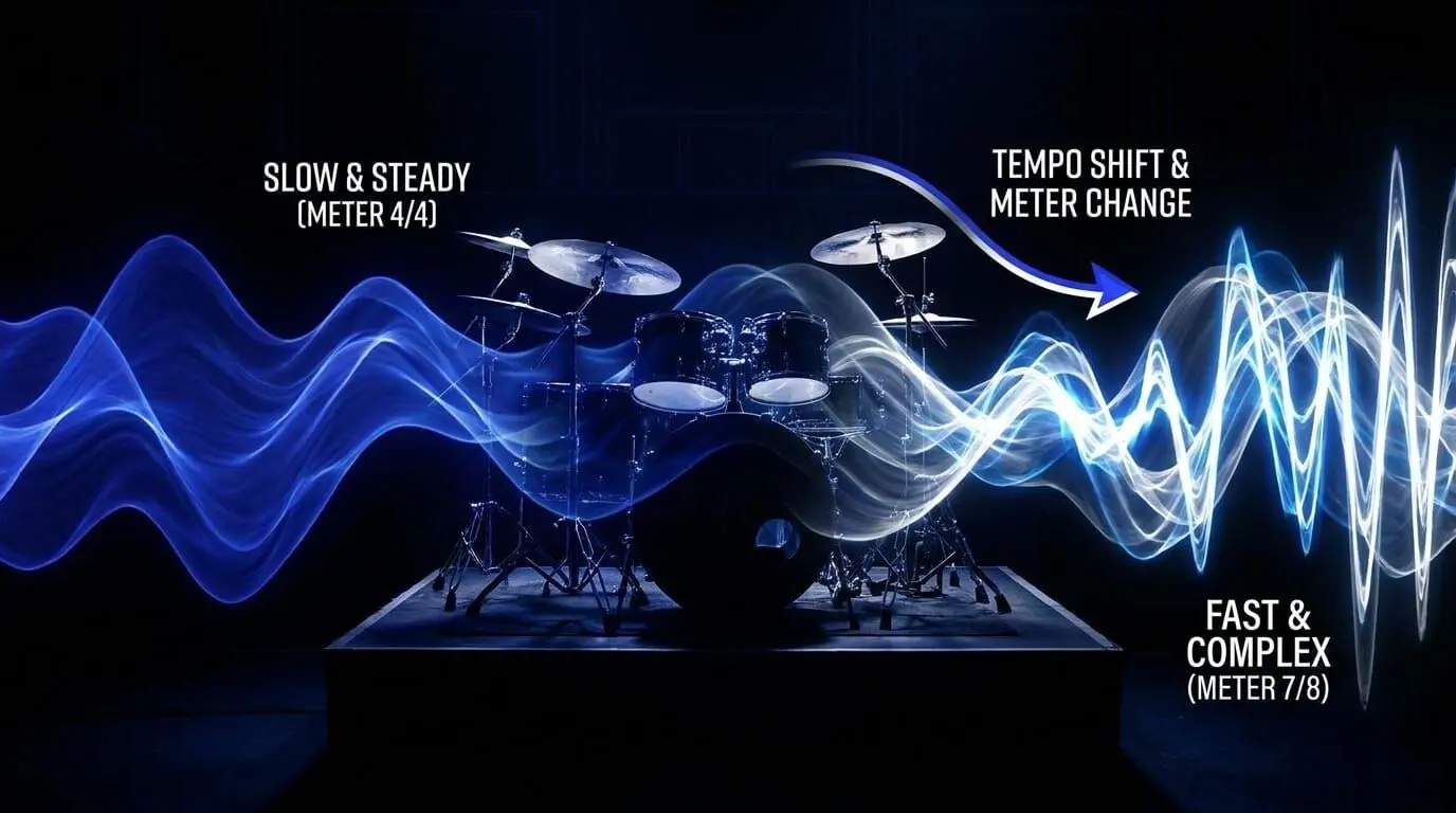 Illustration of metric modulation on drums, showing a slow 4/4 groove shifting into a faster and more complex 7/8 meter.