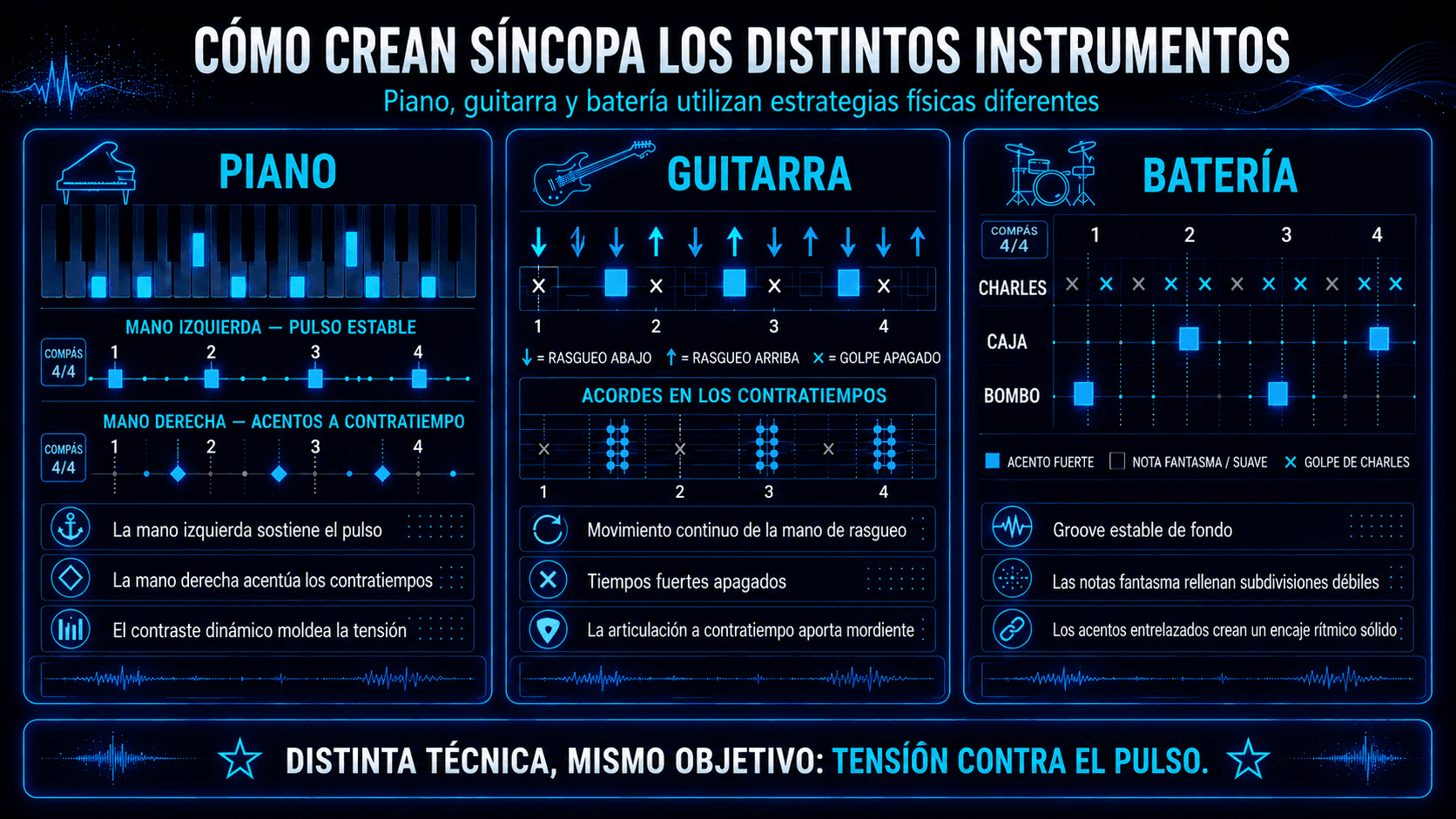 Infografía comparando técnicas de síncopa para piano, guitarra y batería, incluyendo acentos fuera de tiempo, rasgueos mudos y notas fantasma.