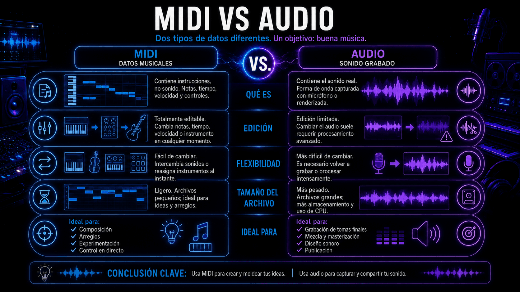 Comparación de MIDI y audio según contenido, edición, flexibilidad, tamaño de archivo y usos principales.