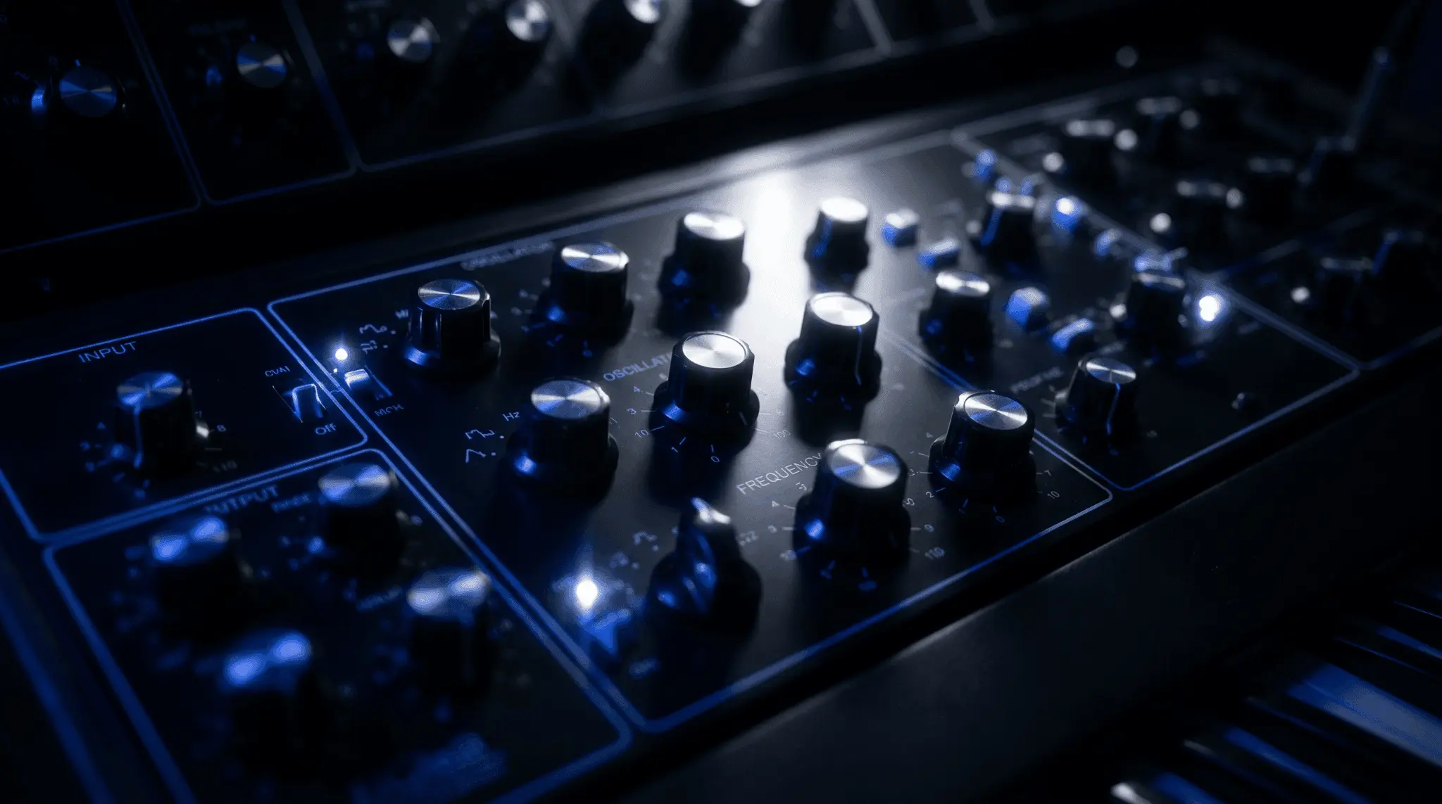 Close-up of an analog subtractive synthesizer with oscillator, frequency, filter, and modulation control knobs