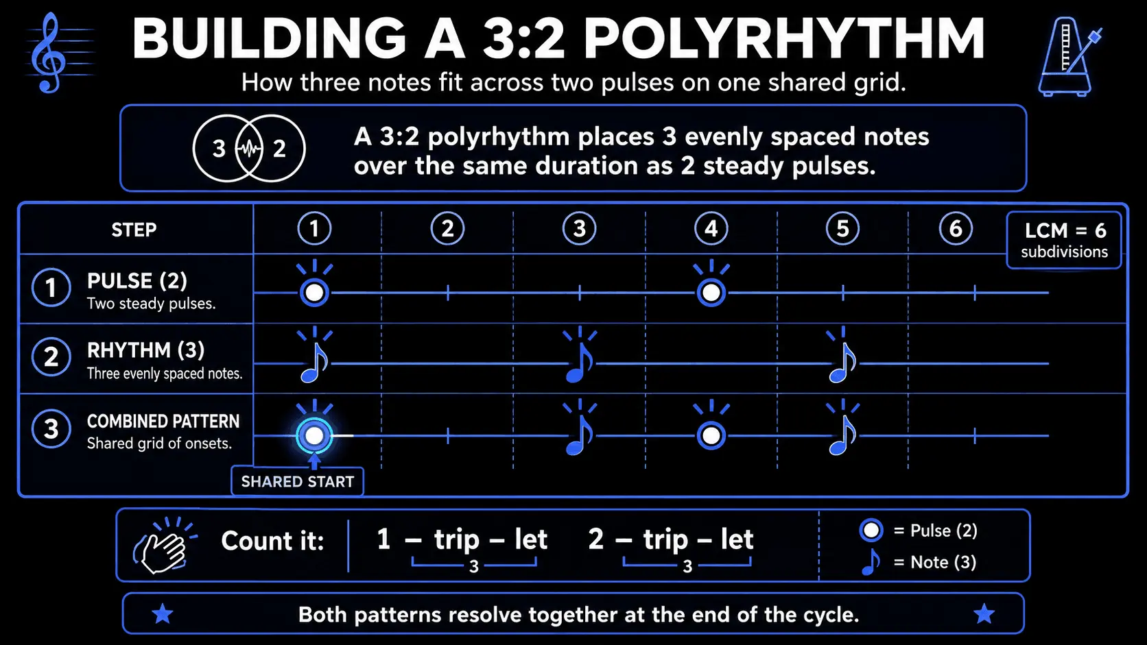 Diagram showing a 3:2 polyrhythm across six subdivisions, with two steady pulses, three evenly spaced notes, and their combined pattern.