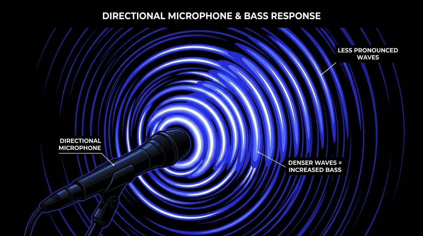 Infographic showing sound waves hitting microphones from direct and angled positions, illustrating how microphone angle affects proximity effect and low-end buildup.
