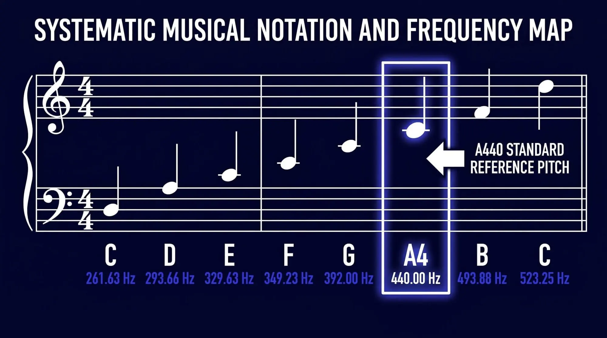 Infographic showing musical notes on treble and bass clefs with frequencies, highlighting A4 at 440 Hz as the standard reference pitch.