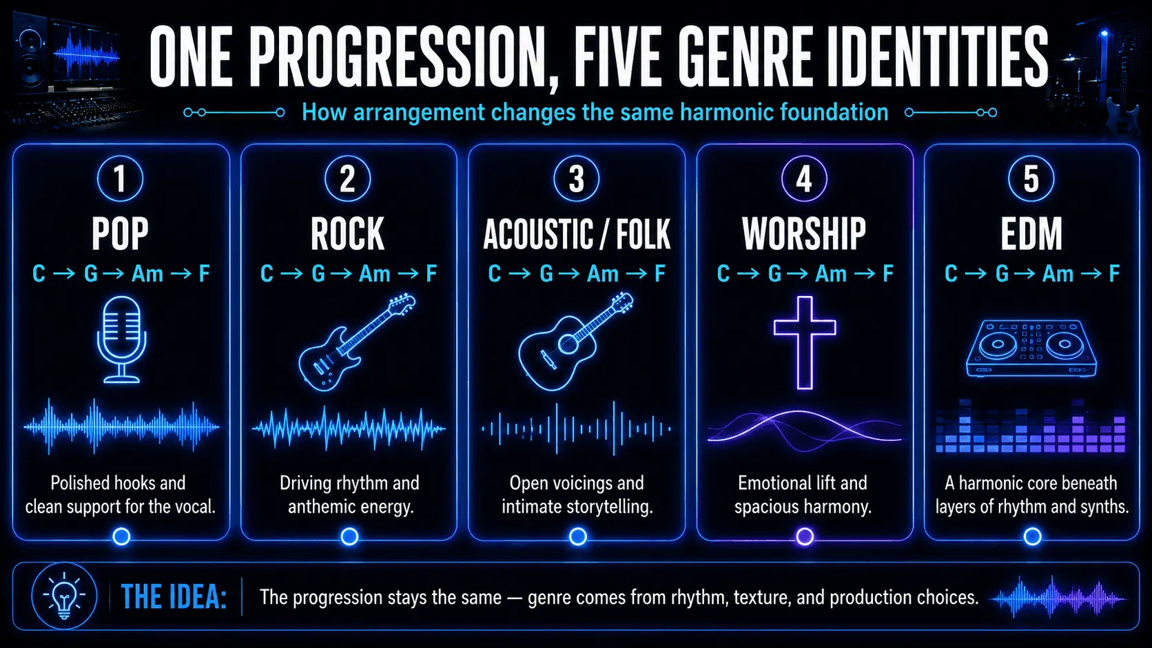 Infographic comparing how the C–G–Am–F chord progression is arranged in pop, rock, acoustic folk, worship, and EDM.