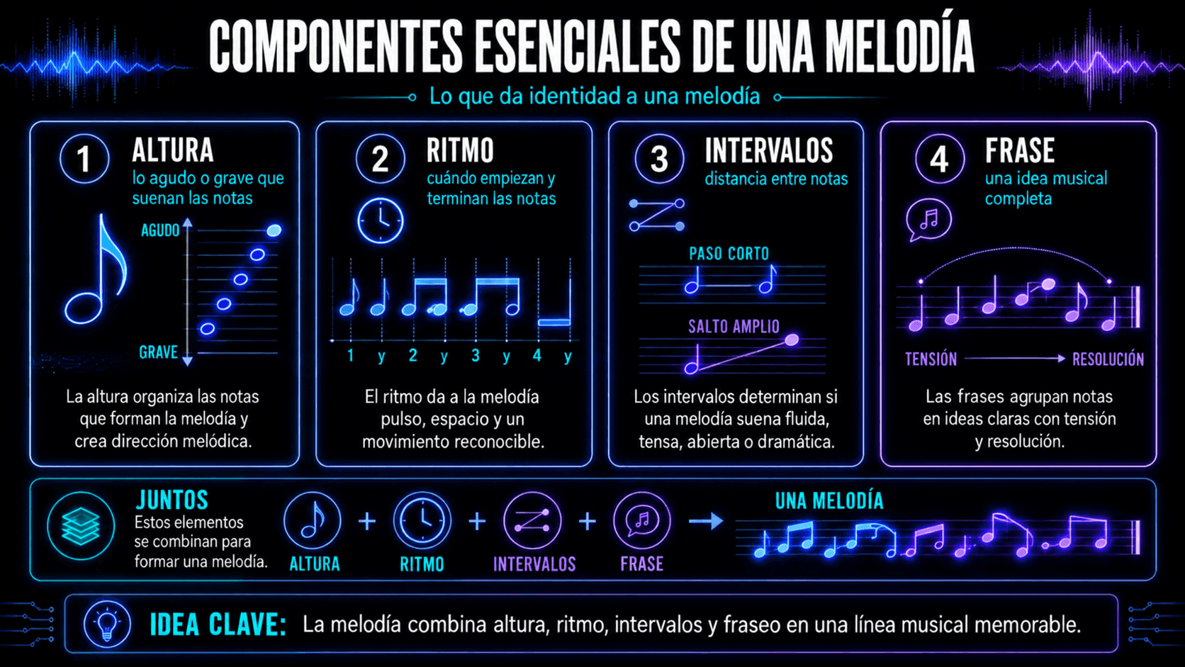 Infografía explicando el tono, ritmo, intervalos y frase como los cuatro componentes centrales de una melodía.