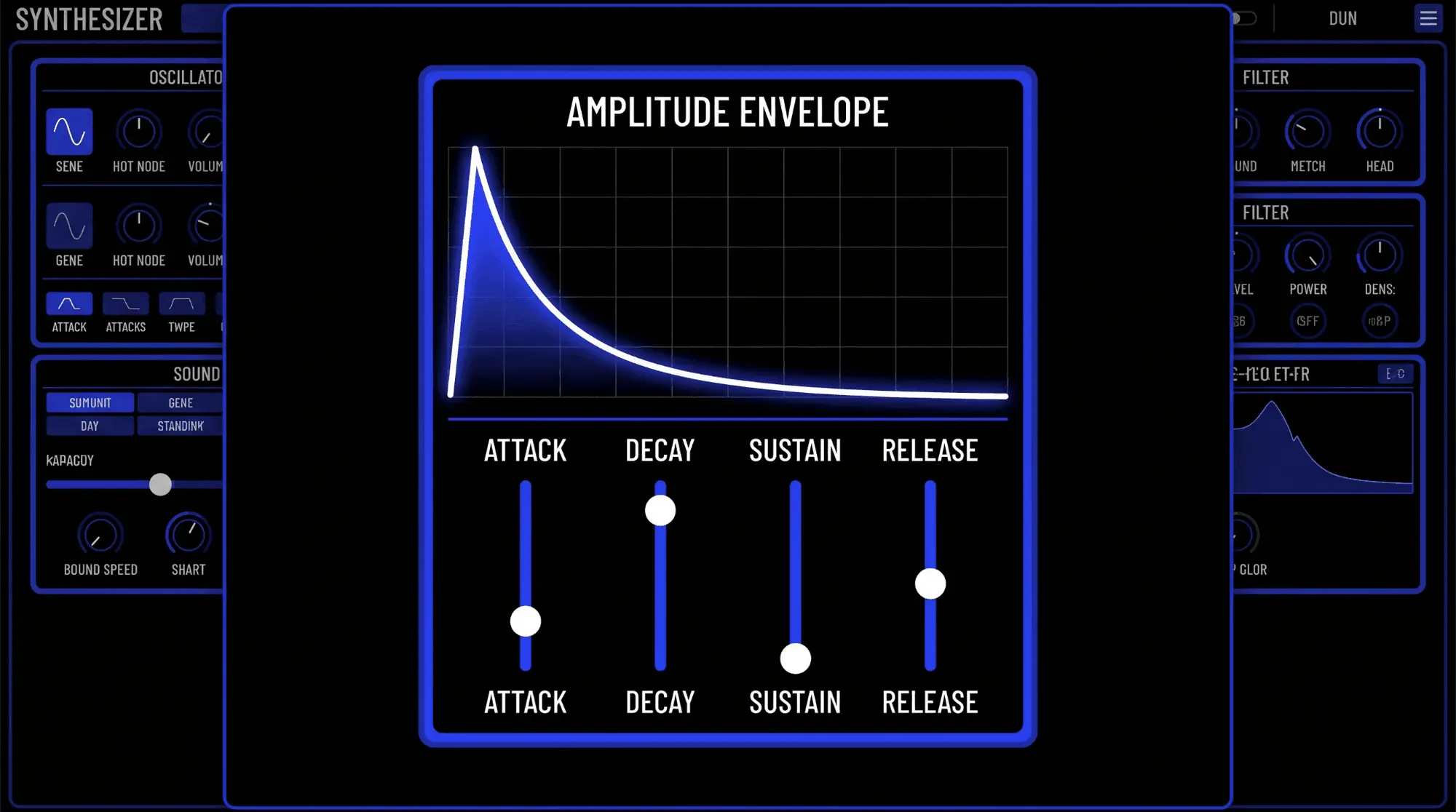 Synthesizer amplitude envelope interface with ADSR controls for attack, decay, sustain, and release, plus a visual envelope curve