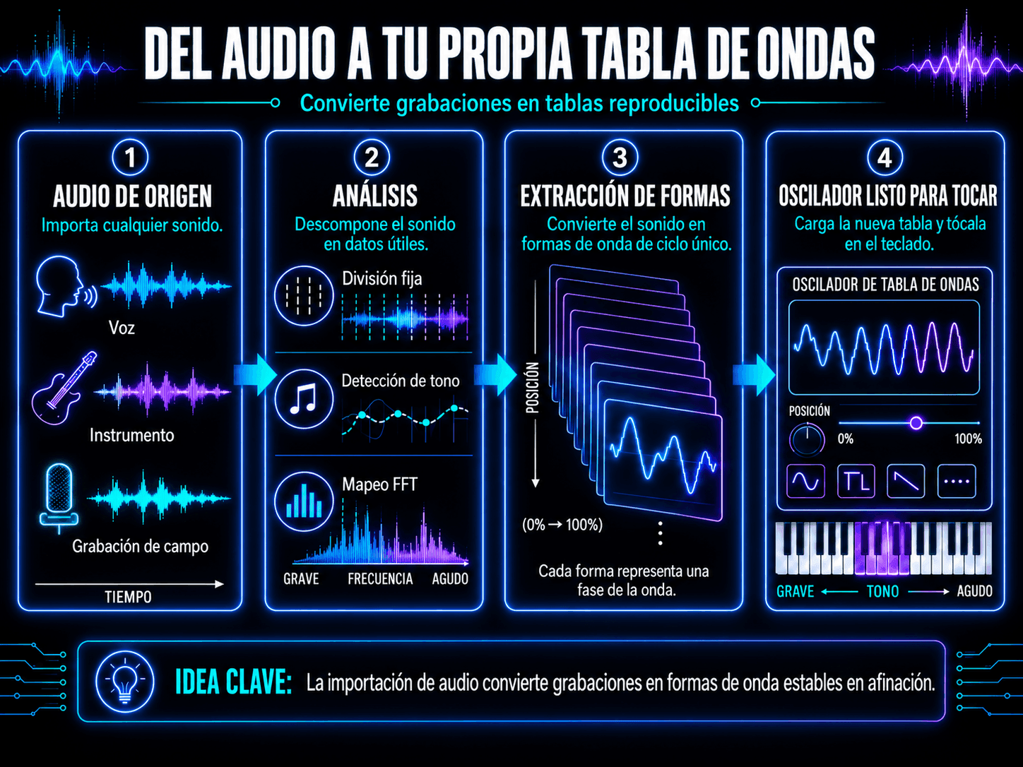 Proceso para convertir grabaciones de voz, instrumento o campo en marcos de ciclo único para un oscilador wavetable personalizado.