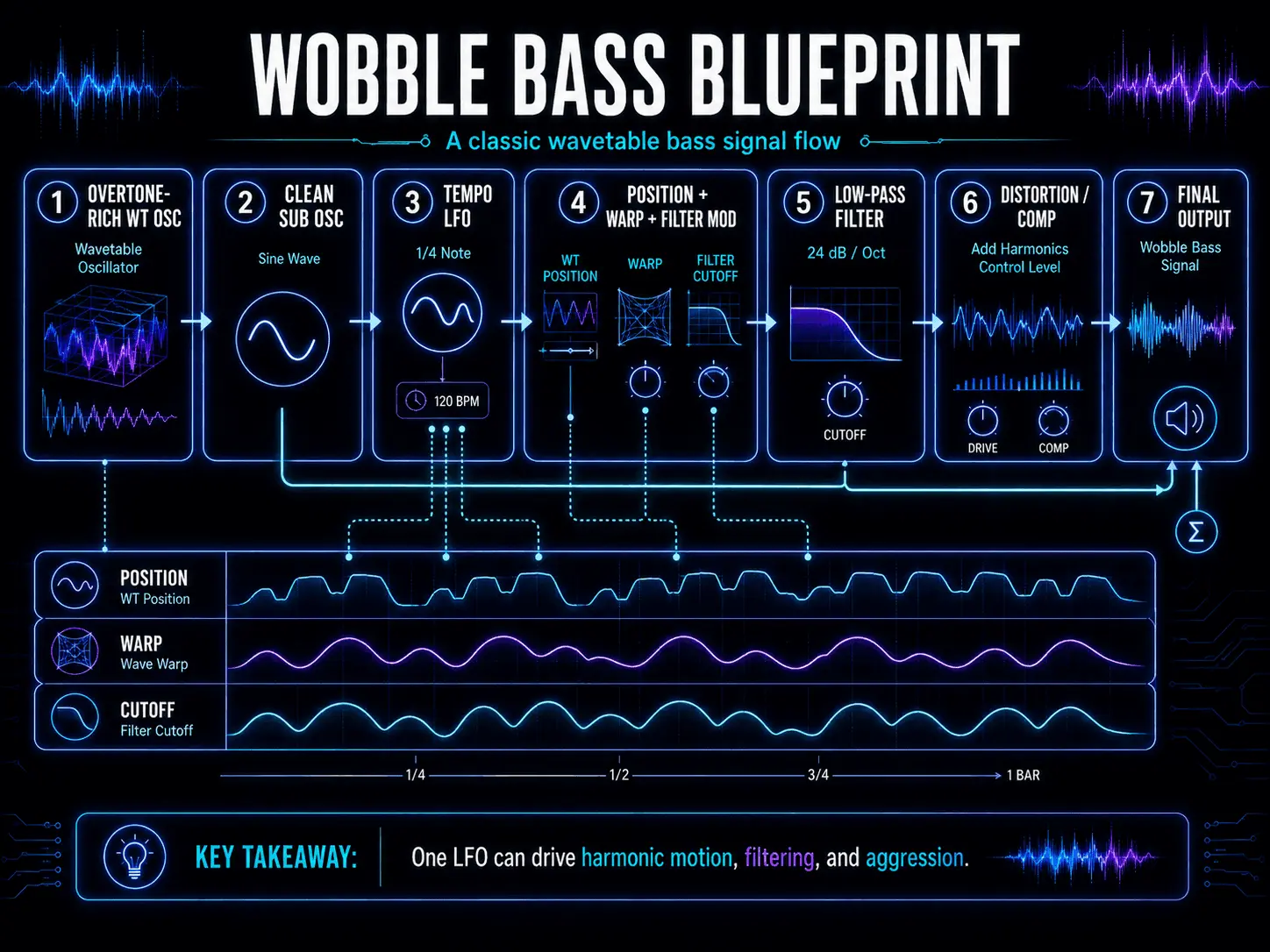 Seven-step wavetable wobble bass signal chain using oscillators, an LFO, warp modulation, filtering, distortion, and compression.