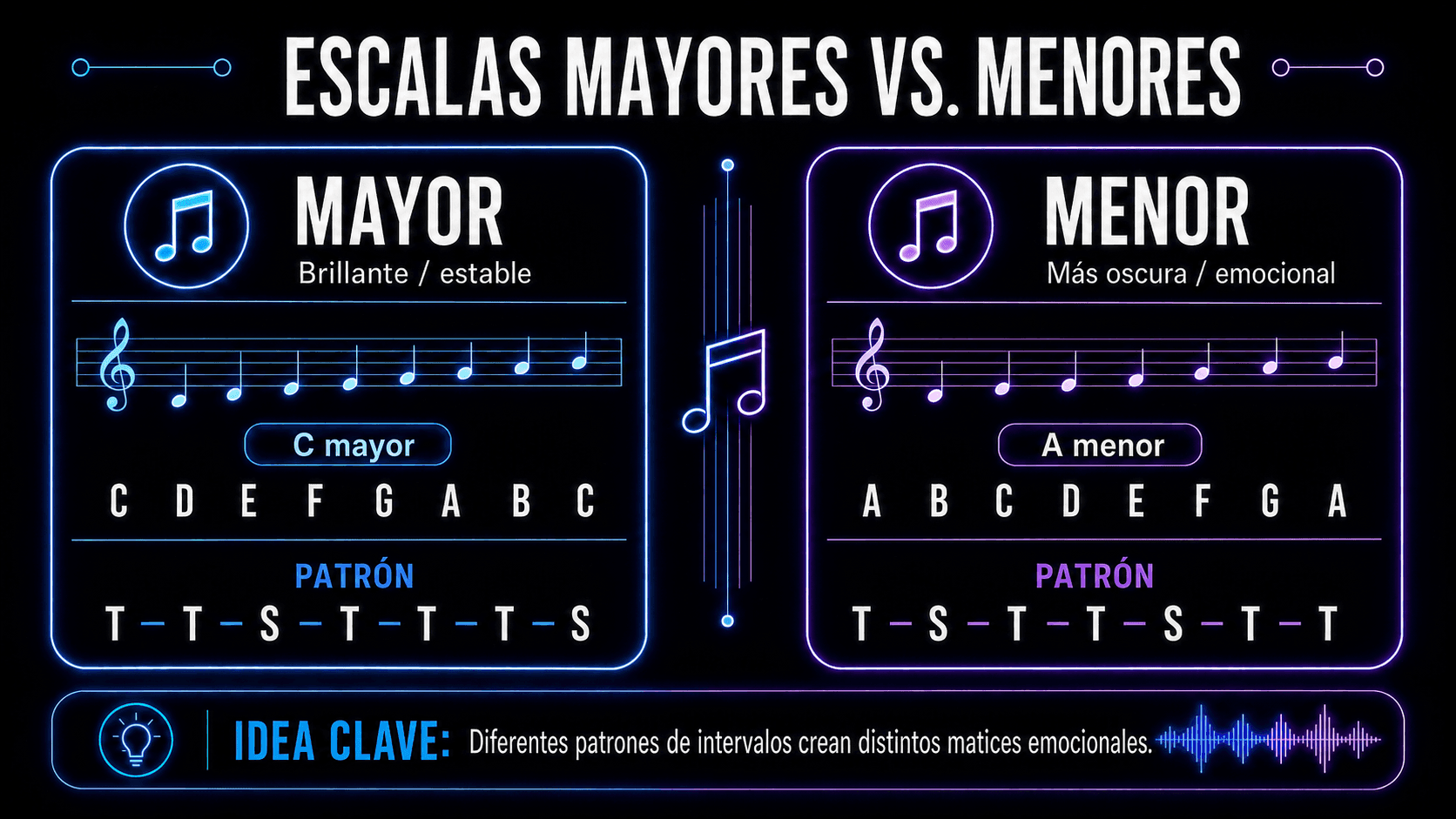Comparación de la brillante escala de C mayor y la más oscura escala de A menor con sus patrones de intervalos.