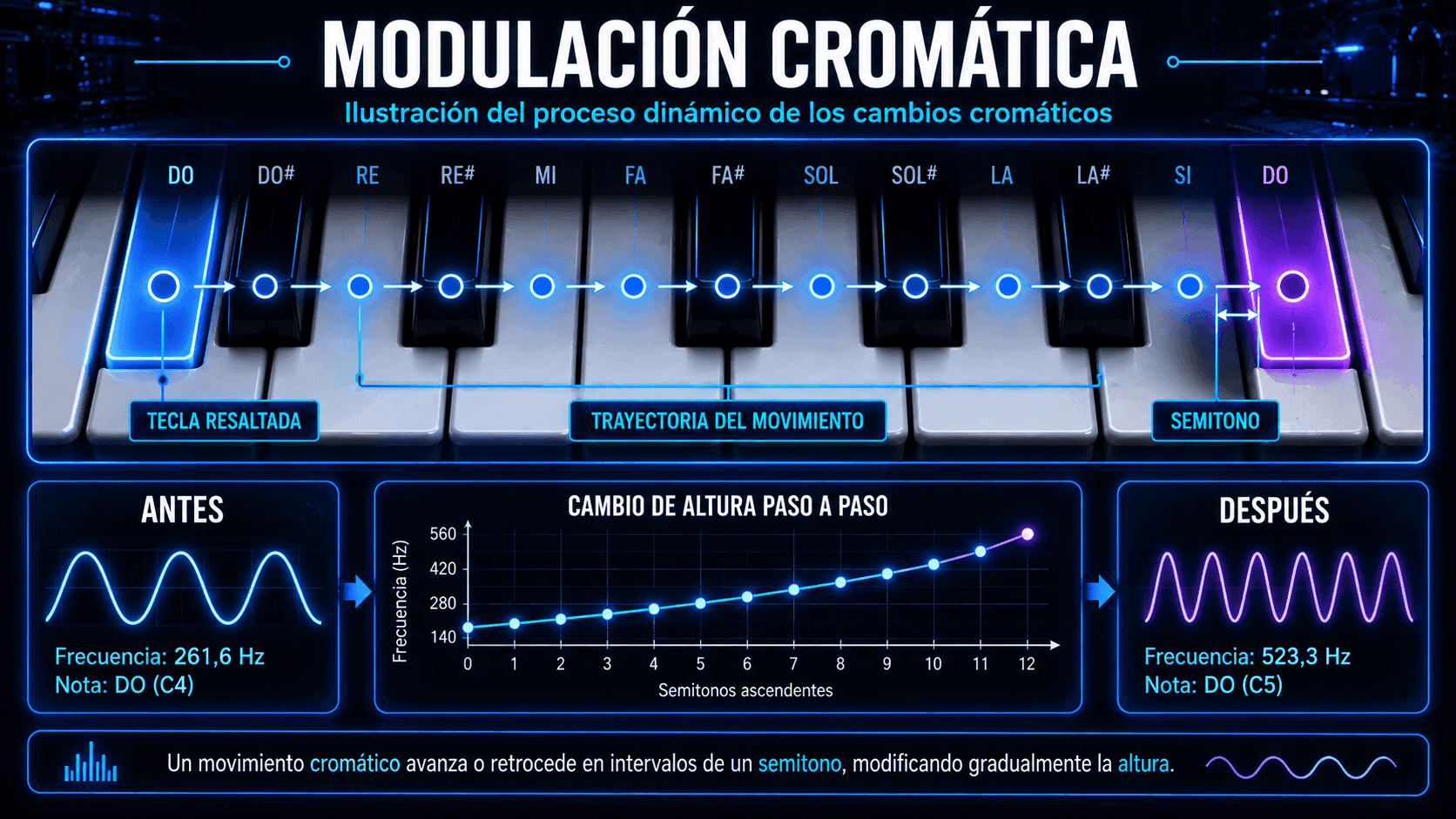 Infografía mostrando modulación cromática en un teclado de piano con caminos de movimiento brillantes, teclas resaltadas y flechas visuales representando cambios tonales basados en semitonos.