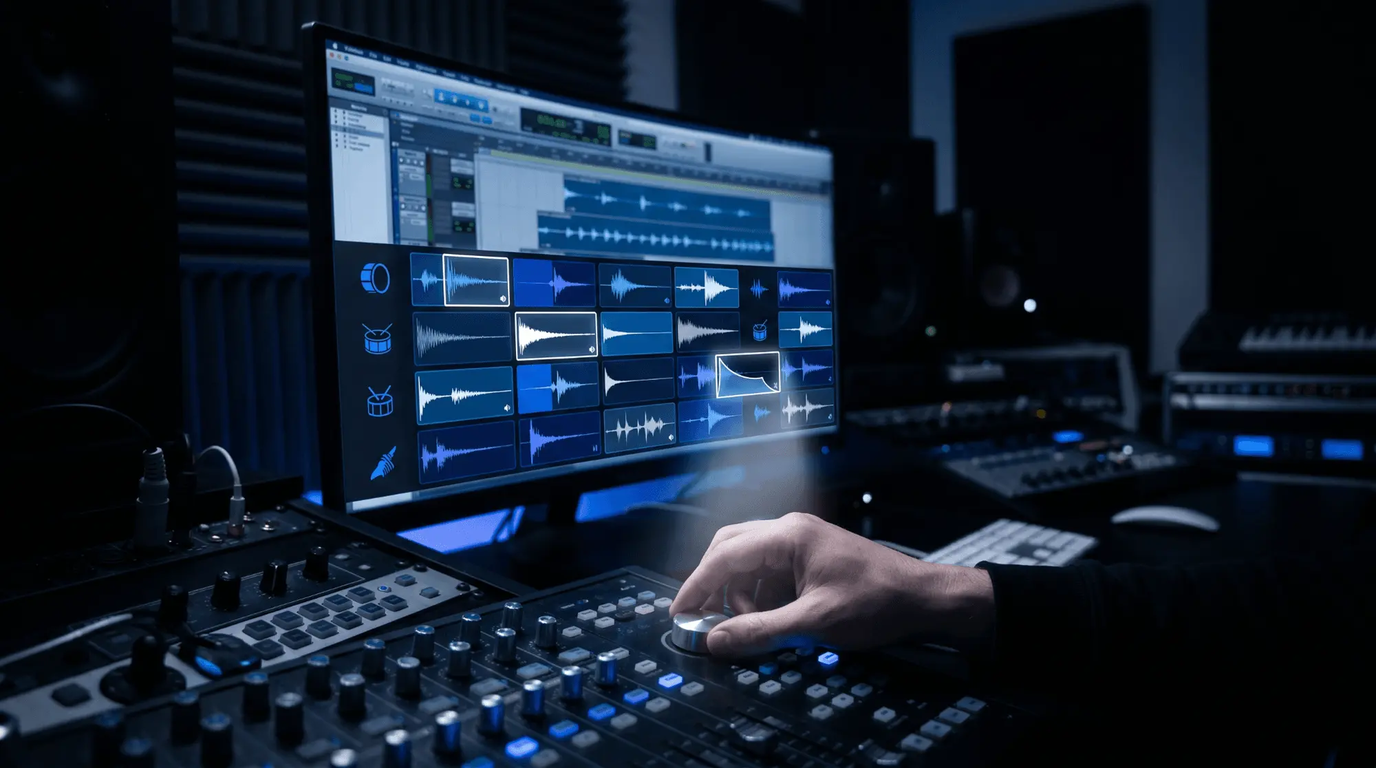Producer working in a dark music studio with a DAW screen showing sliced audio samples, waveform blocks, and sample-editing controls.
