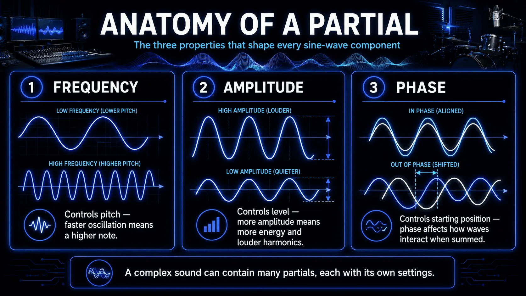 Diagram explaining how frequency controls pitch, amplitude controls loudness, and phase controls the starting position of a sine-wave partial.